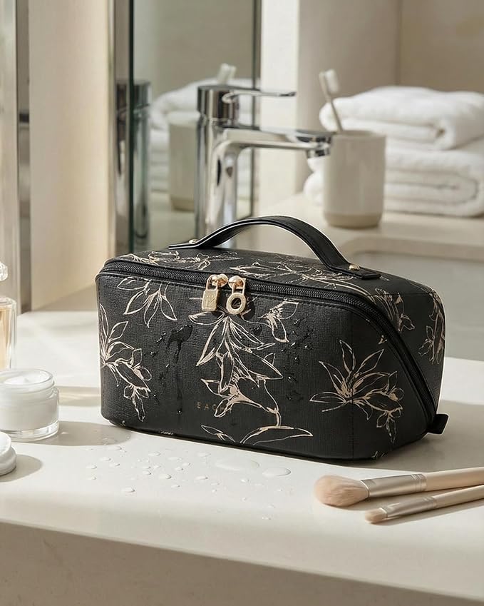 EACHY Travel Makeup Bag,Large Capacity Cosmetic Bags for Women,Waterproof Portable Pouch Open Flat Toiletry Bag Pattern Makeup Bag (F-Black-Large)