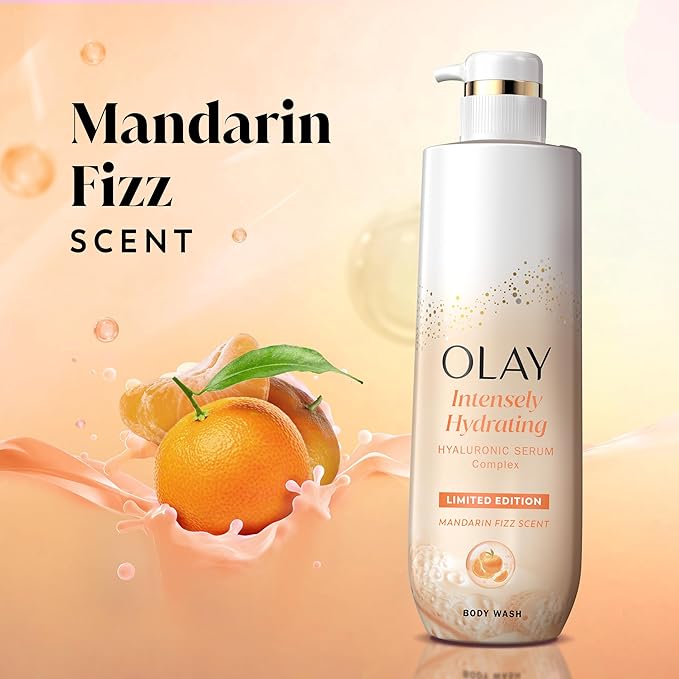 Olay Body Wash for Women, Intensely Hydrating, Pro-Hyaluronic Acid Serum Complex, Renews Moisture, Vitamin B3 Lameller Technology, For All Skin Types, Mandarin Summer Fizz Scent, 20 fl oz