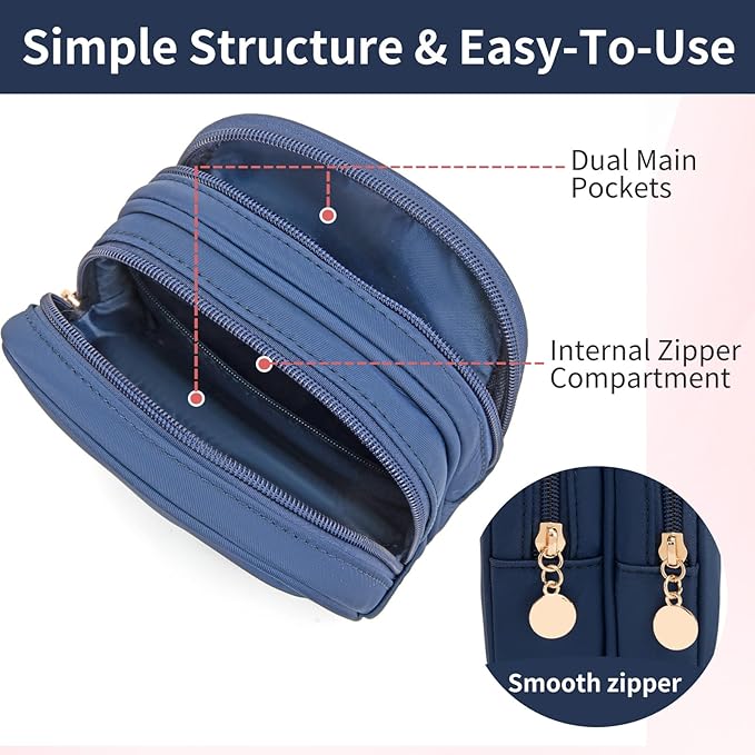 Small Makeup Pouch, Double Zipper Cosmetic Bag, Travel Makeup Bag, Cute Makeup Bag for Purse, Mini Toiletry Bag (Sapphire)