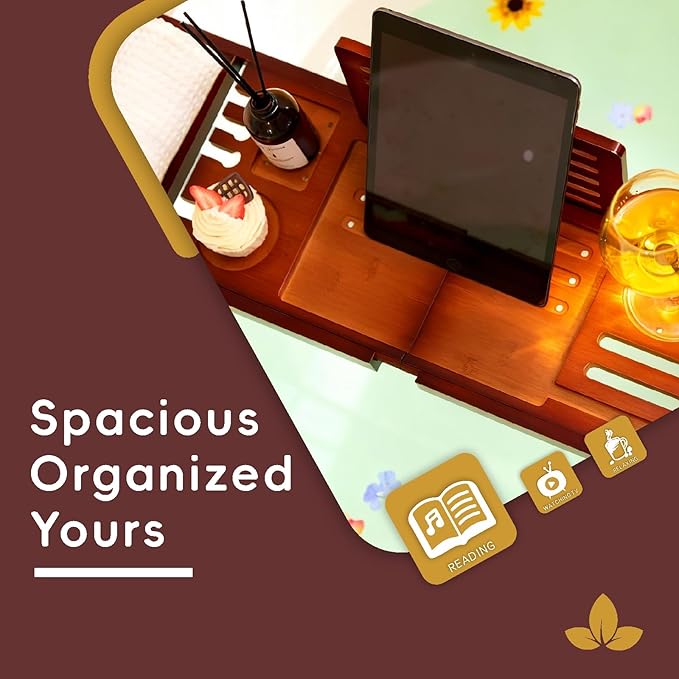 Premium Foldable Bamboo Bathtub Tray Caddy, Expandable Bath Caddy Tray with Holder, Brown Bath Shelf Over Tub, Spa Bathroom Accessories & Gifts for Home