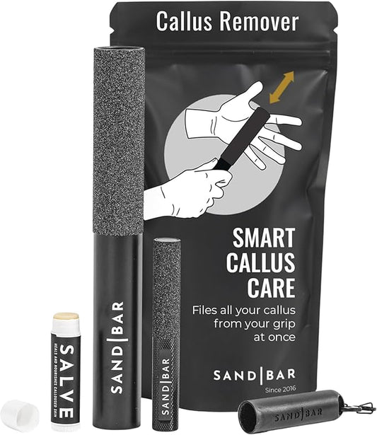 SandBar Ultimate Callus Remover Set - 4" & 8" Files with Moisturizing Salve Balm Stick - Elevating Athletes, Weightlifters & Rock Climbers for Smoother Hands & Feet - Gold (Black) (Flat Black Bundle)