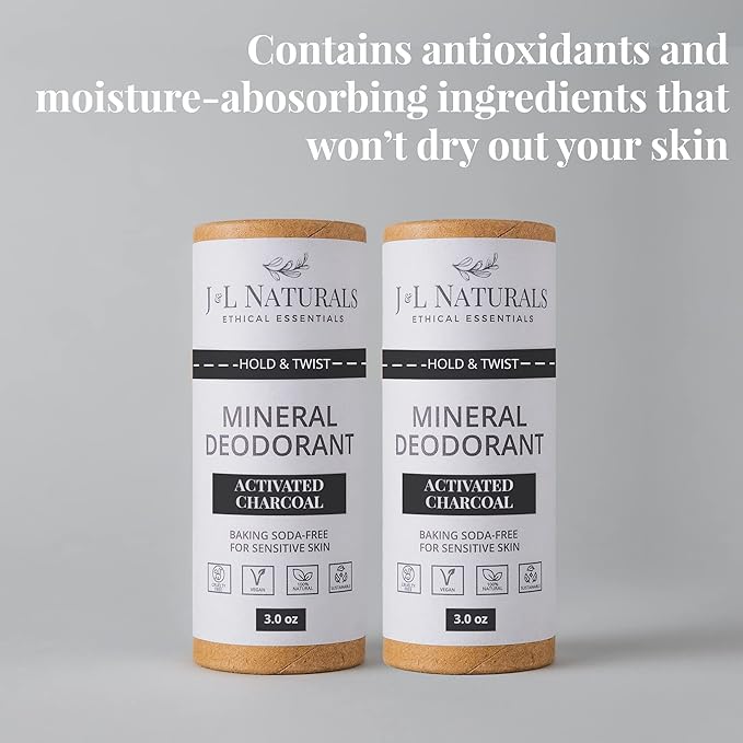 J&L Naturals Mineral Deodorant | Baking Soda-Free, 100% Natural, Sustainable Skin Care | Sensitive Deodorant For Women & Men | Aluminum Free, Vegan, Cruelty-Free (Activated Charcoal, 3 Oz (Pack of 2))