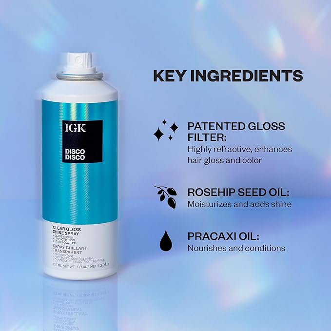 IGK - Disco Disco - Clear Gloss Finishing Hair Spray - Moisturizes, Adds Shine & Enhances Color - No Greasy Residue - 5.3oz