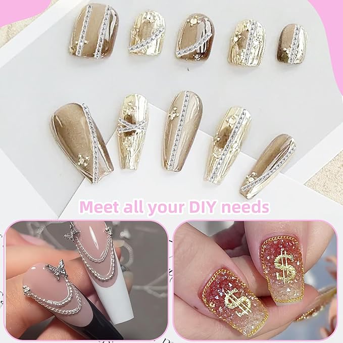 12 Strips Metal Nail Art Chains, 3D Gold Silver Dark Gray Punk Gothic Nail Chain Charms, Jewelry DIY Manicure Decorations, Gems Studs Accessories with Storage Box for Women Girls, Easy to Apply