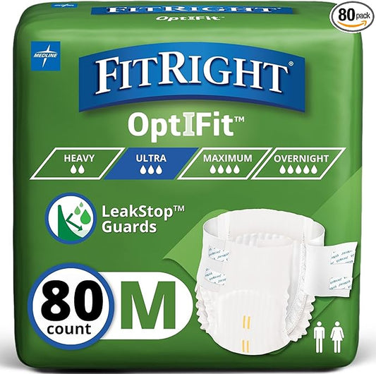 FitRight Adult Diapers, Ultra Heavy Absorbency, M (Waist Size 32in-44in), 80 Count, OptiFit Incontinence Briefs for Men and Women, Disposable, Moisture-Wicking, Leak Protection,