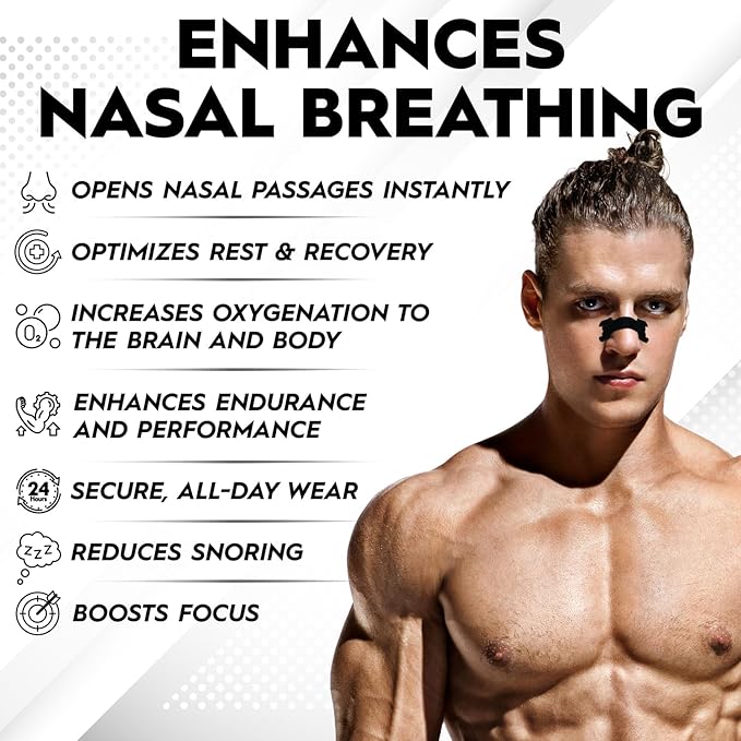 Nose Strips for Breathing (90 Count) – Performance Extra Strength, Oil & Sweat Proof Adhesive – Athletic Nasal Strips for Snoring & Sleep – Wide Body, Universal Fit, Black