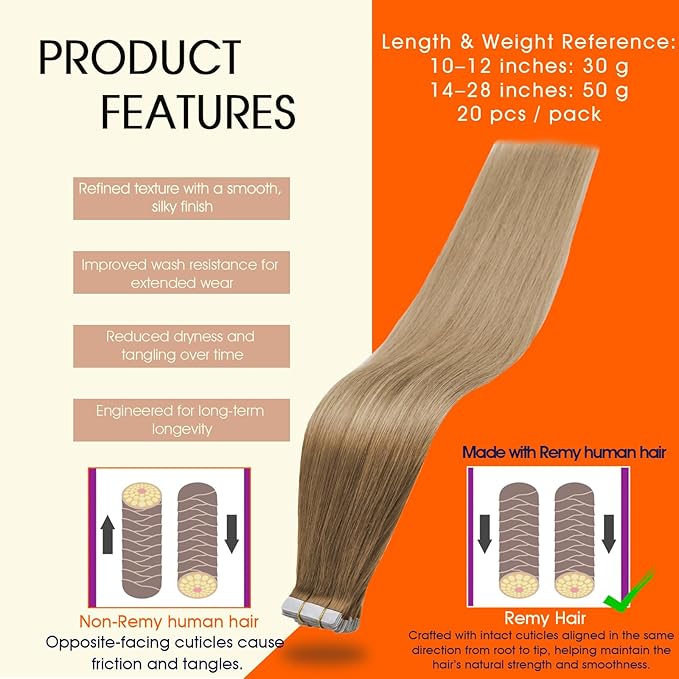 Full Shine 16Inch Tape in Hair Extensions Seamless Straight Tape in Extensions Ombre Human Hair Extensions 50G 20Pcs Color 10 Golden Brown to 14 Dark Blonde Real Remy Human Hair Extension for Wedding