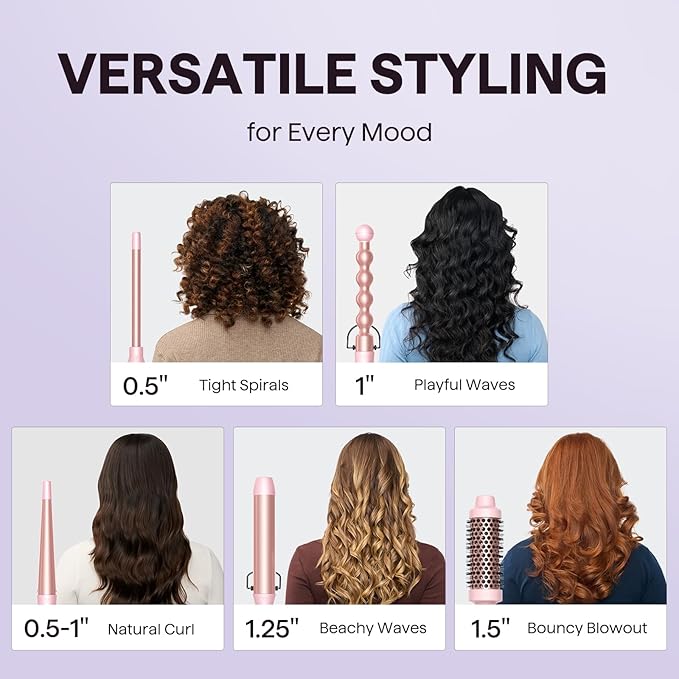 Wavytalk 5 in 1 Curling Iron,Curling Wand Set with Curling Brush and 4 Interchangeable Ceramic Curling Wand(0.5”-1.25”),Instant Heat Up,Include Heat Protective Glove & 2 Clips (Pink)