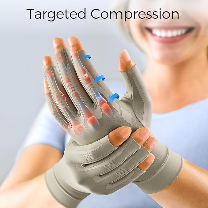 FREETOO All-Around Compression Arthritis Gloves for Women for Pain, Carpal Tunnel Relief Gloves for Men, Hand Compression Gloves for Crocheting, Rheumatoid Arthritis. Taupe M