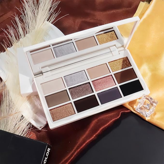 evpct 12 Colors Matte Shimmer Pressed Eye Shadow Palette Makeup for Women, Beige Light Neutral Nude Brown Cocoa Taupe Black Smoky, Silver Bronze Gold Rose Champagne Shimmer, Eyeshadow Contour Palette