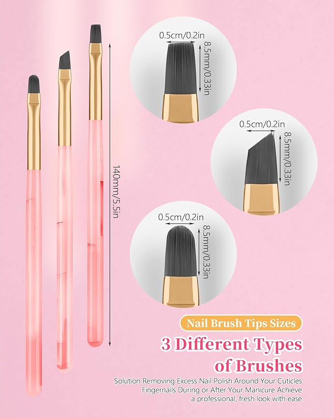 3PCS Nail Polish Clean Up Brush, Round&Falt&Angled Acetone Resistant Nail Brush for OPI Nail Polish Remover, Fingernail Cleaning Brushes at Home Nail Art and Designs(Emerald Pink)