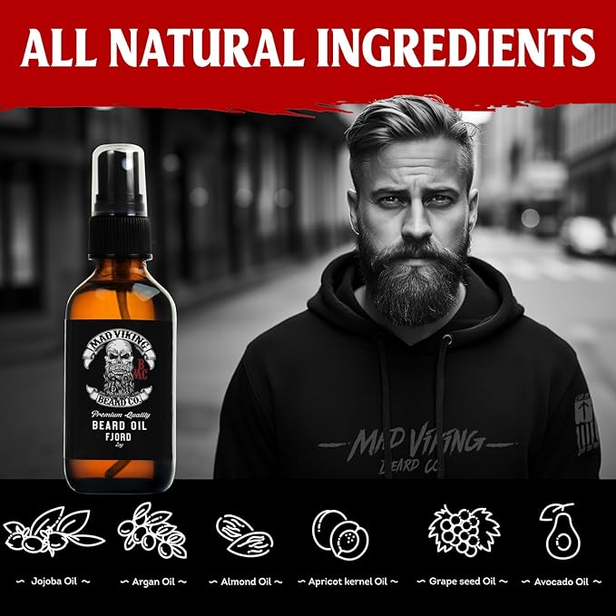 Mad Viking Fjord Beard Oil - Hydrate, Soften And Grow Your Beard Naturally. Fight Itch And Dandruff With A Crisp Yet Woodsy Mint, Orange, Cedarwood & Sandalwood Scent. Made In The USA - 2oz