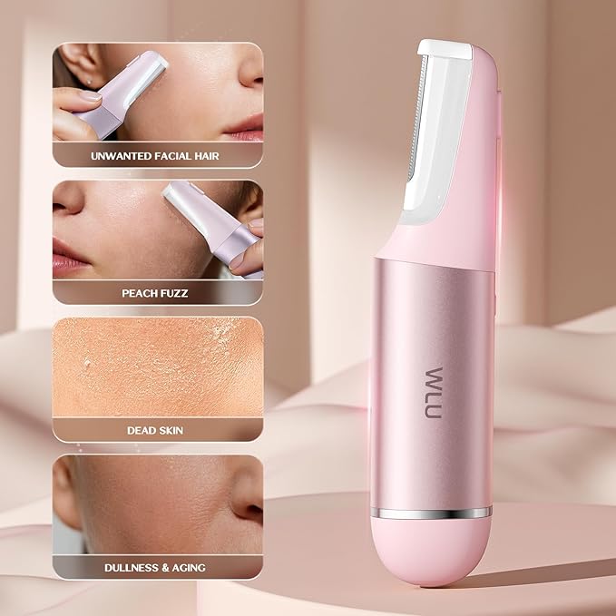 WLU Dermaplane Razor for Women Face with 10 Replaceable Blades, Dermaplaning Tool for Face to Remove Facial Hair & Peach Fuzz, Sonic Dermaplaning Tool for Women, Dermaplane Razor(Pink)