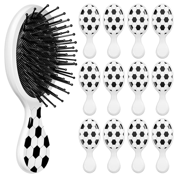 12 Pcs Soccer Mini Detangler Brush, Mini Travel Hair Brush, Bristles Plastic Detangling Brush, No Tangle Soft Flexible Bristles for Straight, Curly, Thick Hair for Soccer Team Gift Sport Party