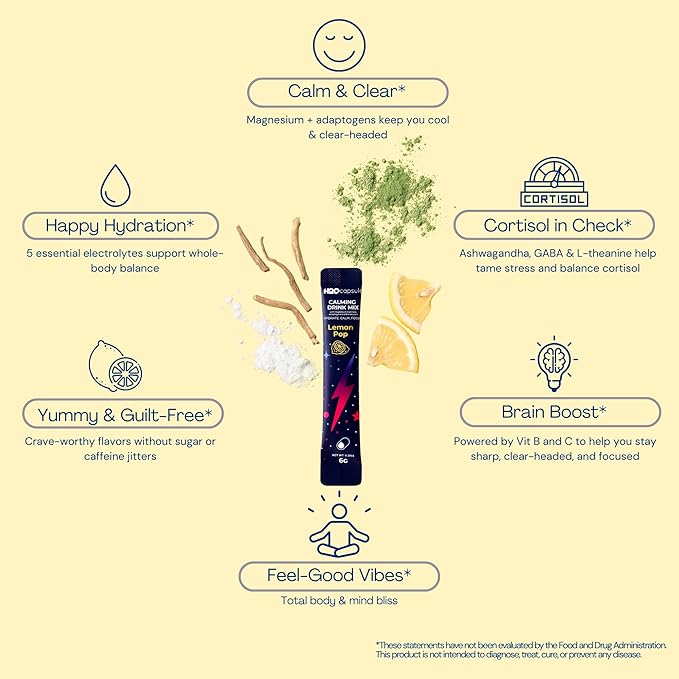 Calm Magnesium Glycinate Powdered Drink Mix with Electrolytes – Sugar Free with Ashwagandha, L-Theanine, Vitamin B 6& GABA – Cortisol Support, Stress Relief, Hydration & Focus - 20 servings (Lemon)