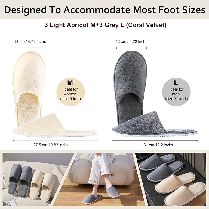 DECOUE 6 Pairs Disposable Slippers for Guest, Non Slip Spa Slides Washable Reusable House Shoes Hotel Indoor Slippers for Women Men, Home,Travel