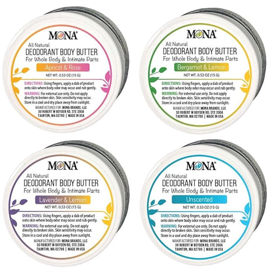 MONA Travel Size All Natural Whole Body Deodorant Cream for Women & Men | For Private Parts | Aluminum & Baking Soda Free | (4-PK Travel Size Combo (0.53 Oz each), Natural Scents)