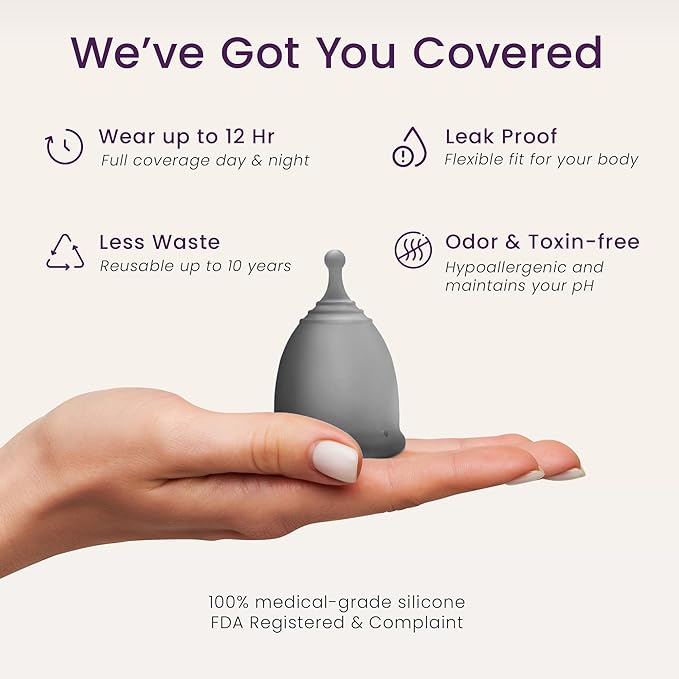 EcoBlossom Reusable Menstrual Cup and Case - The Most Reliable Medical Grade Silicone Period Cups - Comfortably use for 12 Hours (Large (Pack of 2), Gray Cup & Case)