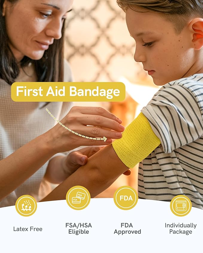 FriCARE Self Adhesive Bandage Wrap, Medical Tape in First Aid Kit, Cohesive Bandages for Wounds Sport Vet, 2 Inches X 5 Yards 6 Rolls, Yellow