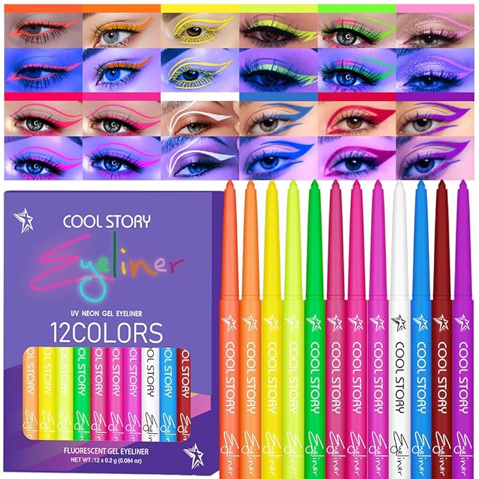 12 Colors UV Neon Eyeliner – Festival Makeup, Glow in the Dark, Waterproof & Smudge-Proof, Colorful Liquid Eyeliner for Face & Body Art, Rave Party, Cosplay, Halloween