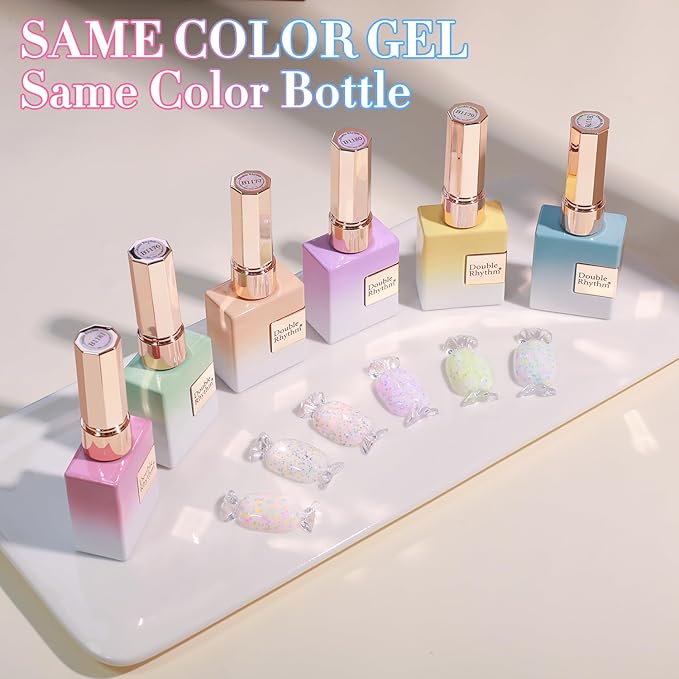 Double Rhythm 0.5 Oz Glitter Gel Polish Set of 6 Color with Display Borad 15 ml Full Size Kit Shimmer Reflective Sparkle Soak Off Manicure Salon DIY at Home (Eggshell Green Purple Colorful Dots-T6-41)