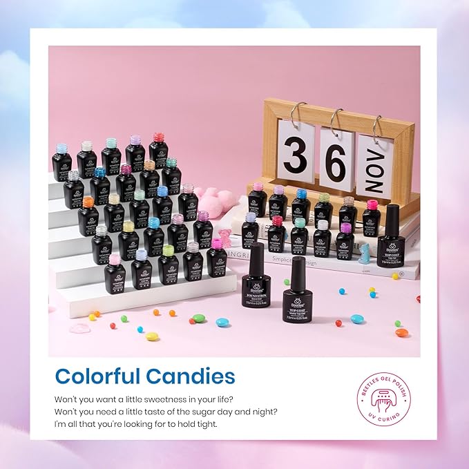 beetles Gel Nail Polish Set - 39Pcs Spring Gel Polish Pink Red Blue Purple Color Polish with Base Top Coat Soak off Uv LED Lamp Colorful Candies Manicure Kit Salon DIY Home Gifts for Women Girls