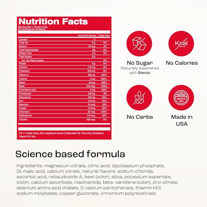 KEY NUTRIENTS Multivitamin Electrolytes Powder No Sugar - Sweet Cherry Pom Electrolyte Powder - Endurance & Energy Supplement - Hydration Powder - No Calories - 90 Servings - Made in USA