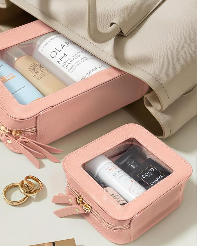 LETGO Clear Makeup Bag Set for Women Portable Clear Makeup Bag Cute Waterproof Travel Cosmetic Bag for Pink Car Accessories for Girls (Pink, Standard + Mini)