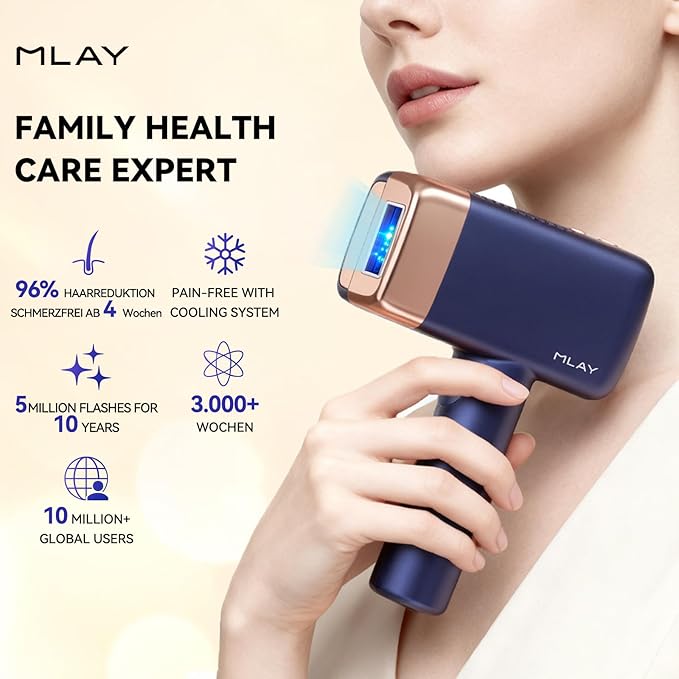 MLAY T14 IPL Epilator – 96.39% Hair Reduction in 4 Weeks, 500 Million Flashes, Pain-Free with Cooling System (Not a Laser), Suitable for All Skin Types, Blue