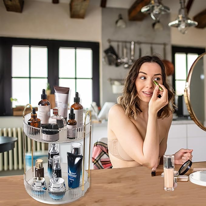 360 Rotating Makeup Organizer,2 Tier Large Capacity Make Up Organizers and Storage,Skincare Perfume Vanity Organizers,Bathroom Cosmetics Storage Organizer Countertop(Clear-2 Tier)