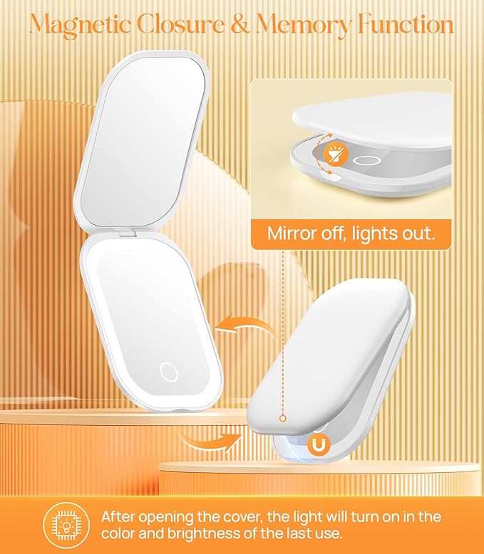 Gospire Lighted Travel Makeup Mirror with Light and Magnification 1X/3X, Stepless Dimming and Three-Color Adjustable Lights, Rechargeable Battery and Compact Size for Purse and Portable Use - White