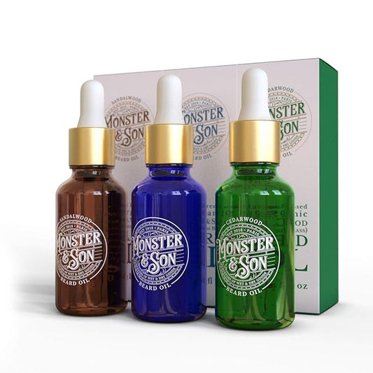 Monster&Son Cold Pressed Beard Oil Variety Pack x3 - Helps to Hydrate, Style and Promote New Hair Growth - Rich in Vitamins & Minerals - Jojoba, Argan & Meadowfoam Oils - Ideal Gift for Bearded Men