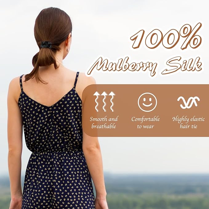 100% Mulberry Silk Scrunchies for Hair Bun Ponytail, No Damage 4 Pack Silk Hair Ties for All Hair Types Valentines Gifts for Women Girls