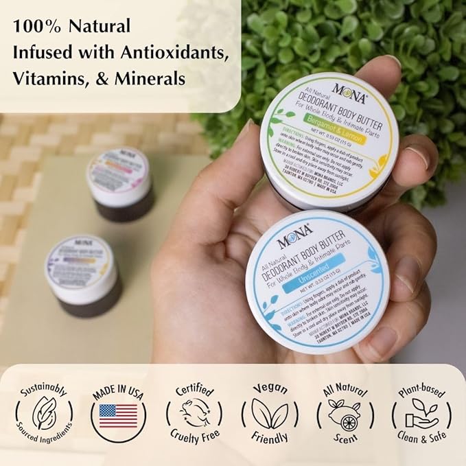 MONA Travel Size All Natural Whole Body Deodorant Cream for Women & Men | For Private Parts | Aluminum & Baking Soda Free | (4-PK Travel Size Combo (0.53 Oz each), Natural Scents)