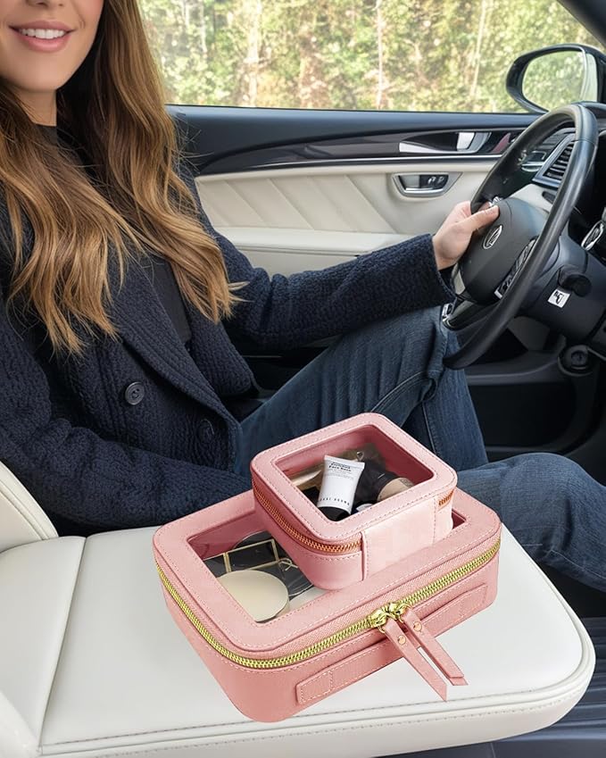 Travel Clear Makeup Bag Set, TSA Approved Cosmetic Bag Case with Zipper Portable Makeup Pouch Toiletry Bag Traveling Cosmetic Organizer Storage Bag Car Organizer Car Essentials