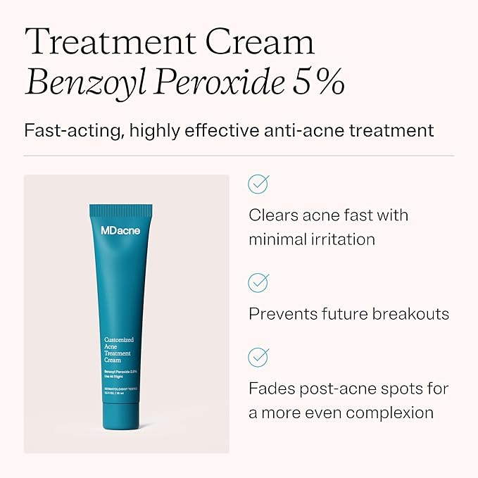 MDacne - Acne Treatment- Benzoyl Peroxide Cream 5% - Unclogs Pores, Reduces Blemishes & Enhanced with - Plant-Based Ingredients for Sensitive Skin