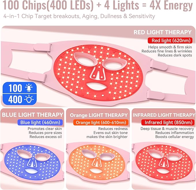 WAYCOM Red Light Therapy for Face: FDA-Cleared 4-Modes Portable LED Light Therapy Mask - 400 LEDs Infrared & Red Light Mask at Home Travel with Timing Remote - Skin Care Gifts for Women Mom Wife