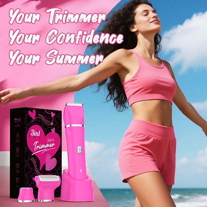 Bikini Trimmer for Women - IPX7 Waterproof Pubic Hair Remover for Shower & Travel, 3-in-1 Bikini Trimmer with Body/Round/Curved Heads, Hypoallergenic Foil & Ceramic Blades, Self-Care Gifts for Her