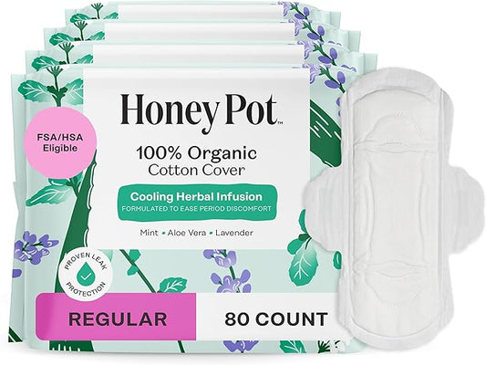 The Honey Pot Company - 80ct - Herbal Sanitary Pads for Women - Regular Flow w/Wings - Infused w/Essential Oils for Cooling Effect & Organic Cotton Cover - Feminine Care