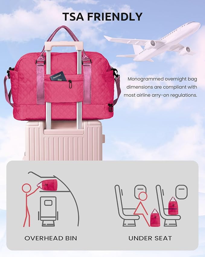 Personalized Women's Initial Travel Bag with Shoe Compartment, Hot Pink, K