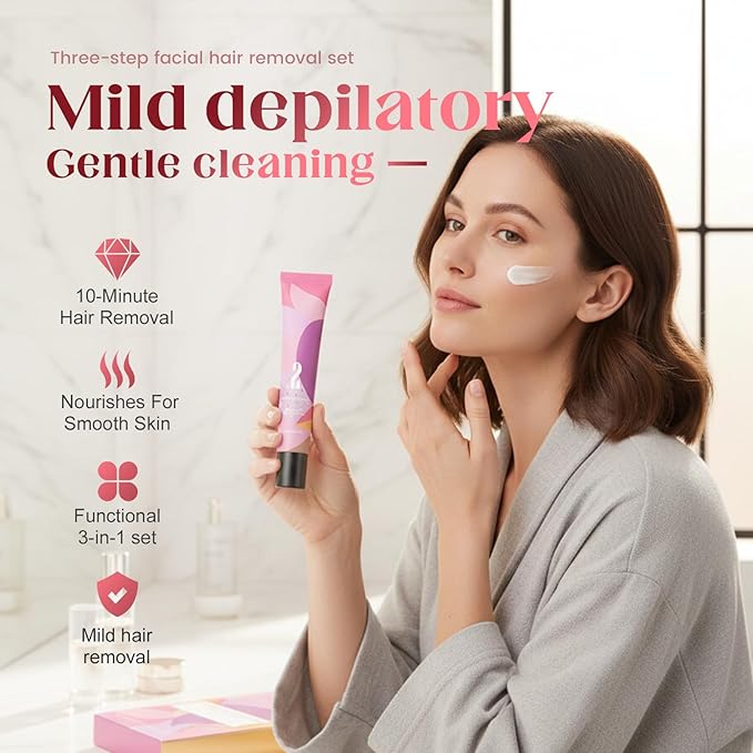 Gentle Facial Hair Removal Cream for Women, Advanced Formula for Sensitive Skin, Painless Hair Remover Kit with Cream & Smoothing Gel & Soothing Lotion (2, Standard)