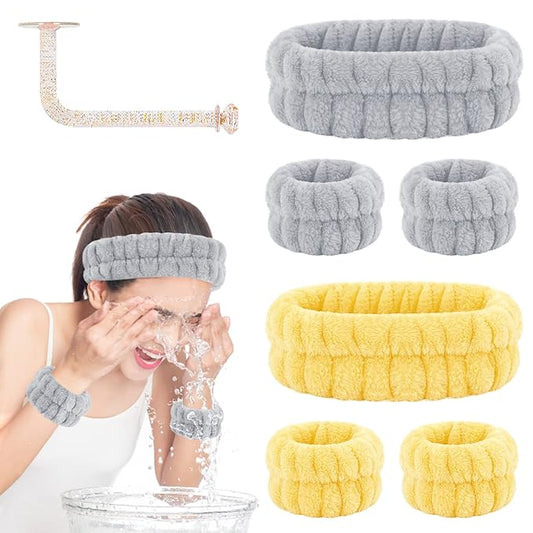 Face Wash Headband and Wristband Set - Microfiber Wrist Towels with Holder for Spa, Absorbent Scrunchies