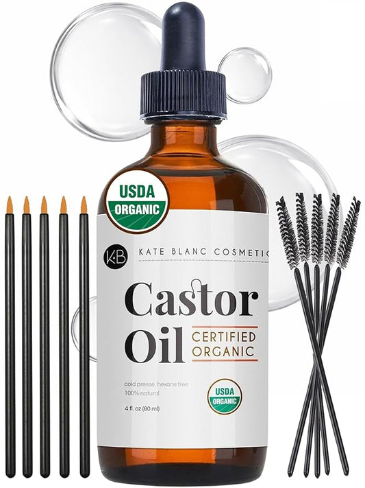 Kate Blanc Cosmetics Castor Oil Organic (4oz), 100% Pure, Cold Pressed, Hexane Free. Natural Oil for Hair, Eyelashes, Eyebrows. Skin Moisturizer with Starter Kit