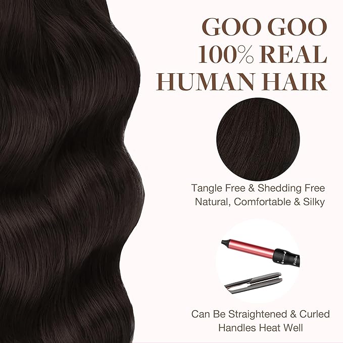 GOO GOO Tape in Hair Extensions Human Hair, 2 Dark Brown, 14inch 50g 20pcs, Thick Ends Straight Seamless, Invisible