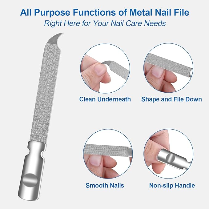 Metal Nail File for Natural Nails, Stainless Steel Nail Files with Sharp Pointed Tip Fingernail File Sheath Case Double Sided Curved Reusable Nail File Manicure Tools Home Salon Travel Use Men Women