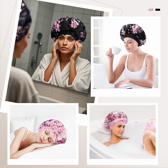 Arqumi 2 Pcs Satin Silk Bonnet for Sleeping Women, Large Long Strap Tie Band Adjustable Sleep Night Cap Curly Hair Bonnet Wrap for Braids Mother's Day Girls Gifts, Black+ Pink(Large, Flower Pattern)