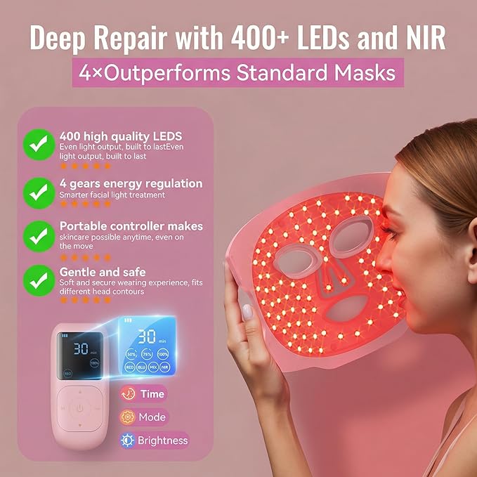 WAYCOM Red Light Therapy for Face: FDA-Cleared 4-Modes Portable LED Light Therapy Mask - 400 LEDs Infrared & Red Light Mask at Home Travel with Timing Remote - Skin Care Gifts for Women Mom Wife