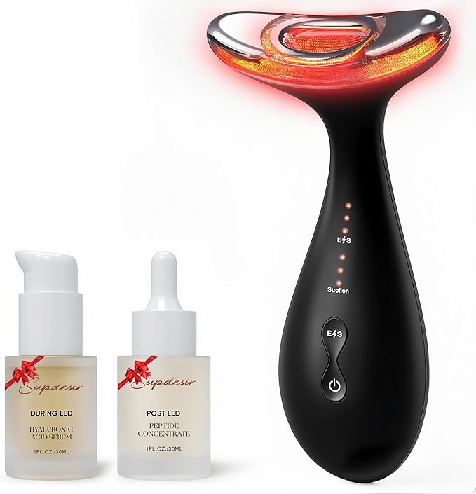 3-in-1 for Aurora Red Light for Face & Neck Beauty Massager, with Suction, Vibration, Heat, 3 Light Therapies for Skin Glow, Face Lift, Neck Firm, Black
