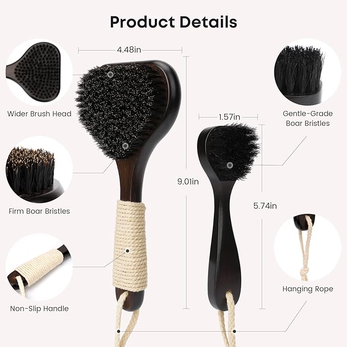 Bamboo Dry Brushing Set with Body and Face Brush, Dry Scrub Brush with Exfoliating Natural Boar Bristle for Lymphatic Drainage, Cellulite Reduction, Blood Circulation and Glowing Skin, 2 Pack