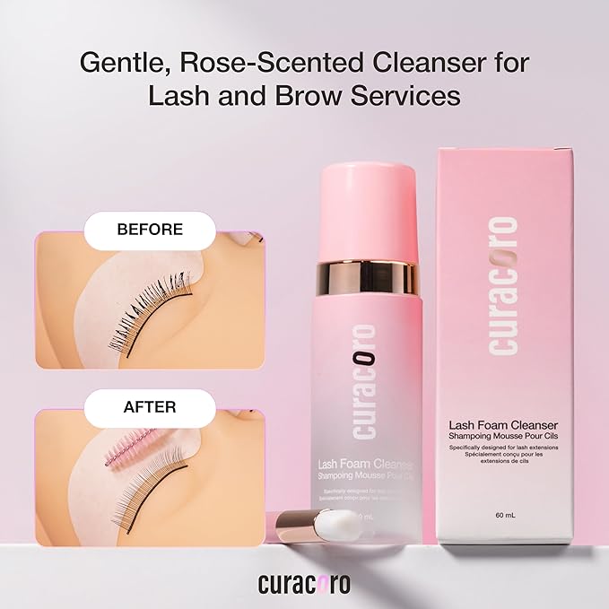 CURACORO 60ML Eyelash Extension Cleanser (Rose Scented) - Lash Shampoo for Lash Extensions, Eyelash Extension Foam Cleanser for Sensitive Skin, Removes Waterproof Makeup for Professional & Home Use